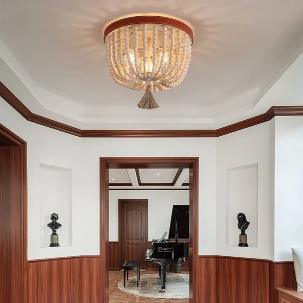 NEW Boho Wood Beaded Flush Mount Ceiling Lights Chandelier Fixture - Picture 5 of 10